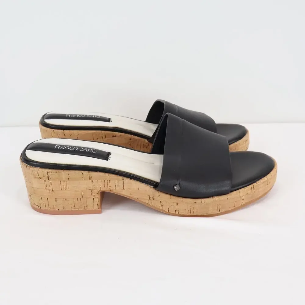 Franco Sarto Women's Pony Leather Open Toe Sandal Heel Black Cork Size US 8.5
